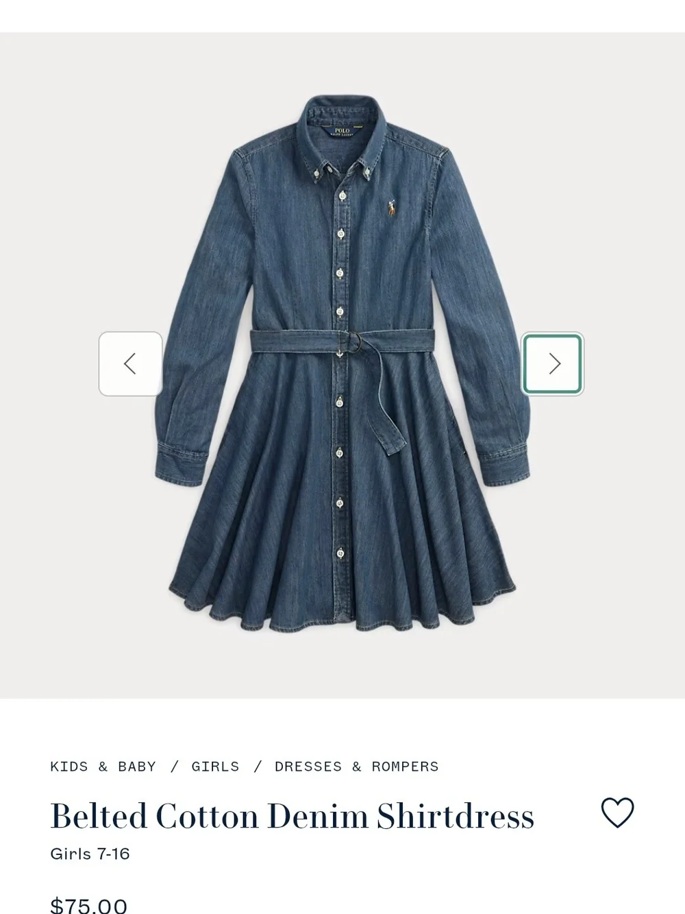 Ralph Lauren Girls' Belted Cotton Denim Shirtdress Sz 8